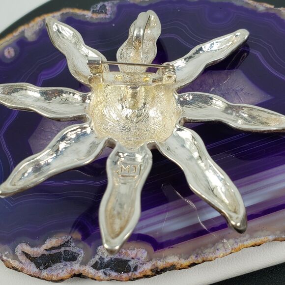 Vintage Signed MJ Marie Jennifer Silver Plated Sun Pendant 3" Brooch - Picture 14 of 14